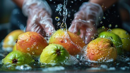 Hands wearing gloves washing apples and pears under running water, emphasizing cleanliness and...