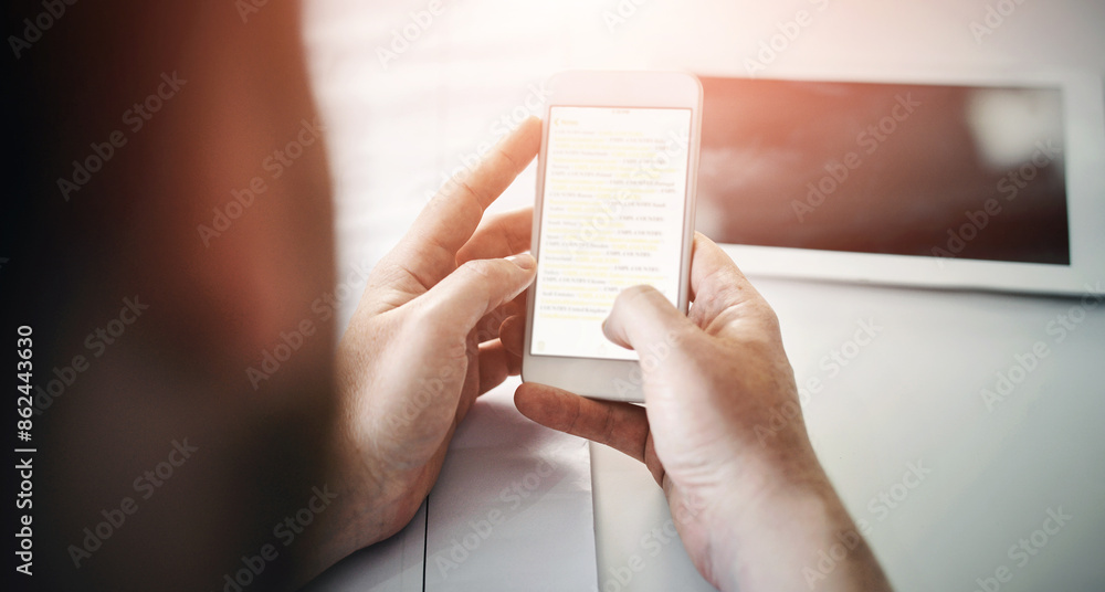 Poster phone screen, hands and businessman in office with social media, streaming or checking inbox, cat or