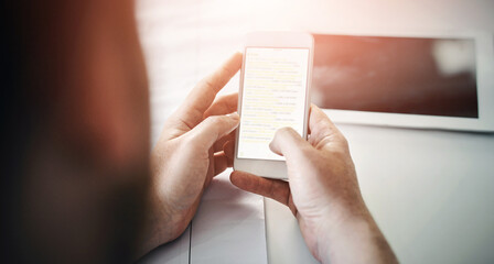 Phone screen, hands and businessman in office with social media, streaming or checking inbox, cat or text. Smartphone, light and entrepreneur with app for networking, research or digital calendar