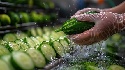 Obraz premium Worker washing cucumbers in a commercial kitchen, ensuring cleanliness, surrounded by sliced cucumbers on a conveyor belt.