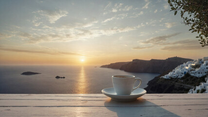 A white coffee cup sits on a wooden table overlooking the ocean