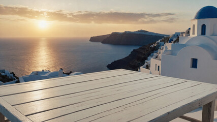 A table is on a beach with a blue sky and a blue building in the background