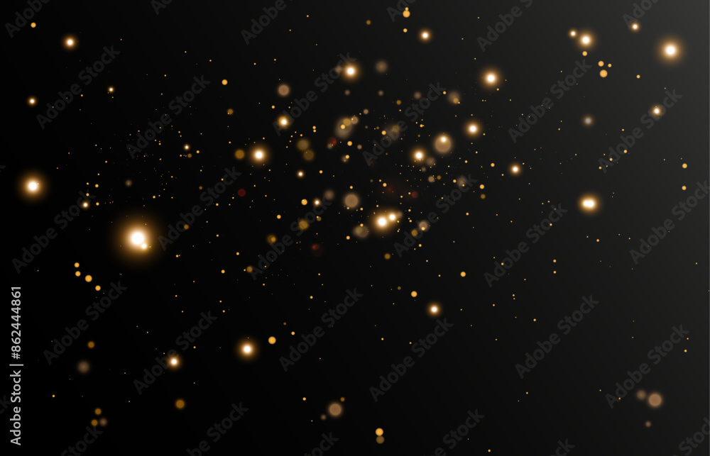 Poster Bokeh glow background of sparkling dust, gold dust light, background with bokeh light effect, yellow shimmering glow with bokeh and glitter light. Vector