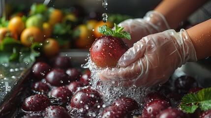 Gloved hands washing fresh organic plums in water, promoting hygiene and cleanliness in food preparation, against vibrant fruit background.