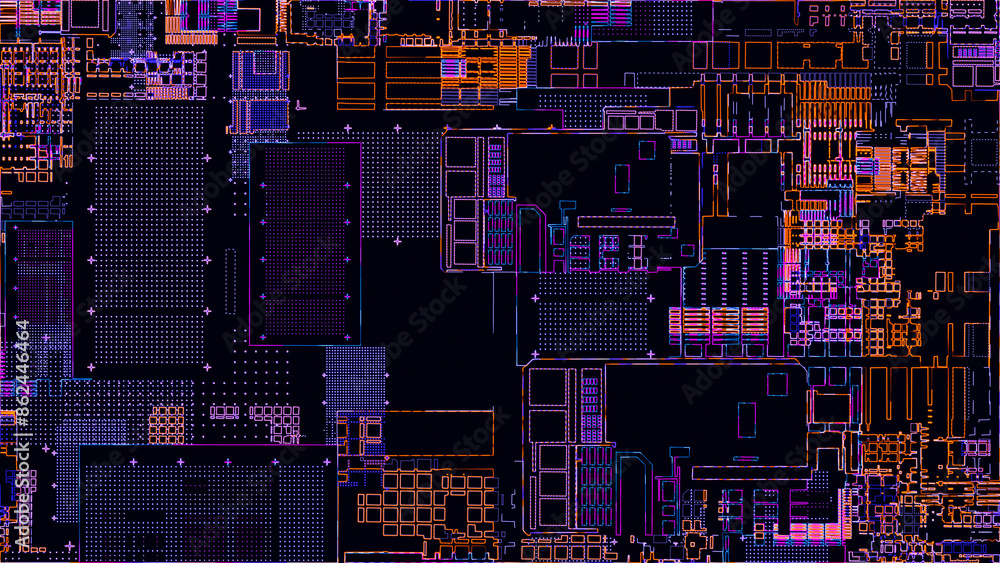 Poster printed circuit board. visualization of advanced technology concept: pcb processor microchip, digiti