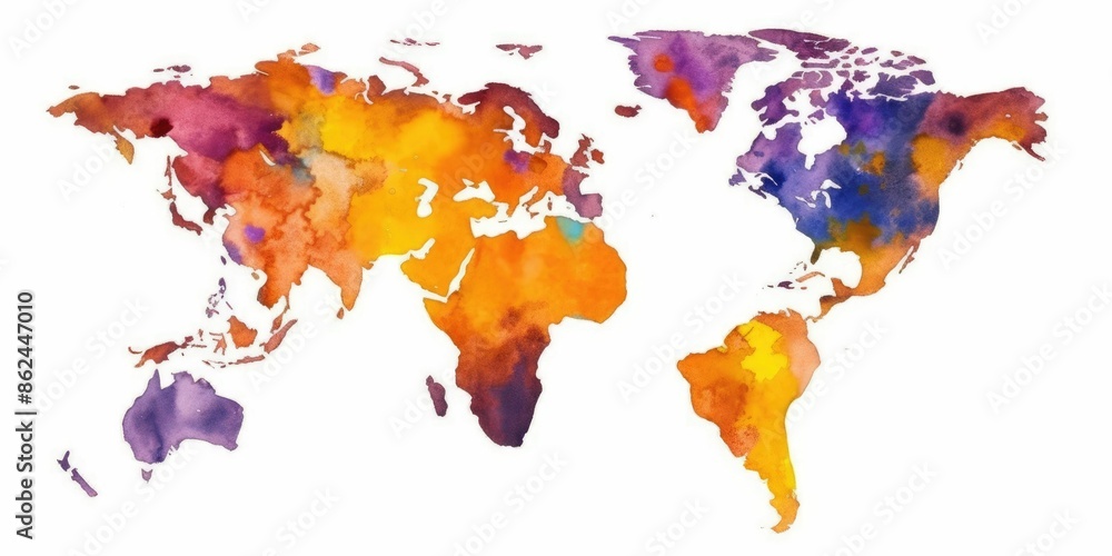 Poster watercolor map of the world with splashes of vibrant colors and a white background for a creative ge