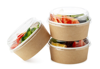 Tasty take out poke bowls isolated on white background