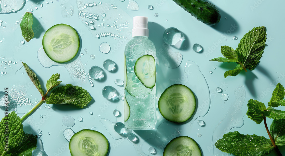 Wall mural A bottle of green essence toner with cucumber and mint on a blue background, surrounded by water drops and sliced cucumbers - Wall murals