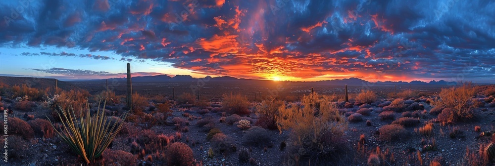 Wall mural Stunning desert sunset landscape with vibrant colors and dramatic clouds.  Golden hour lighting illuminates cacti and distant mountains.  Image perfect for nature photography, travel, or adventure. - Wall murals