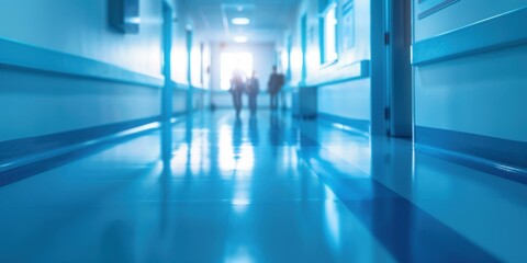 A hospital hallway with people walking down it in a hospital. AI.