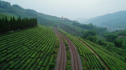 Naklejka premium Curving train tracks mimic the natural contours of the teacovered hills.