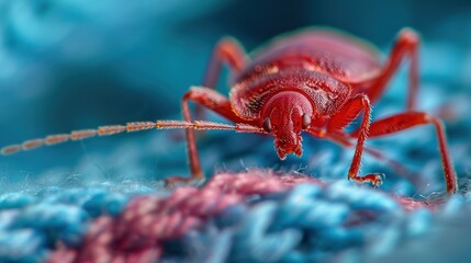 Fototapeta premium A red bug is on a blue and white fabric. Generate AI image
