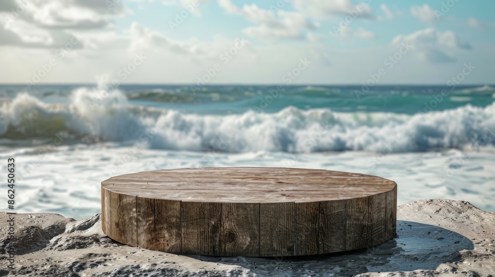Poster a wooden round table is on a beach with the ocean in the background. generate ai image