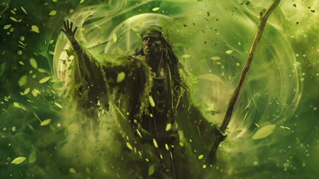 Towering forest spirit materializing from swirling leaves and branches. Glowing eyes pierce through foliage-formed visage. Arms outstretched, commanding nature's power. 