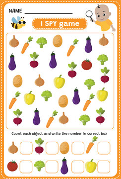 I SPY game. Find and count vegetables. Educational children game. Printable worksheet.