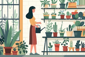 A stylized flat illustration presents a woman watering house plants, depicting the beauty.