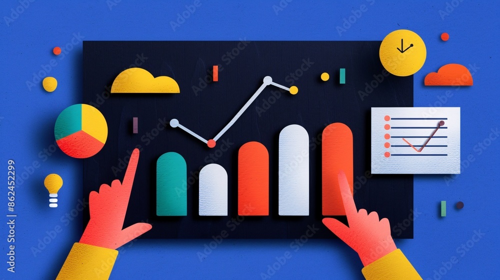 Aufkleber colorful business analytics illustration depicting hands pointing at a graph with vibrant data and c