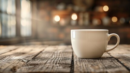 Obraz premium cup resting on a light wooden table, with the left side intentionally left empty for adding text, graphics