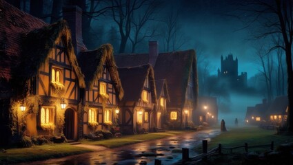 A medieval village at night, oil on canvas, depicting a mystical ambiance