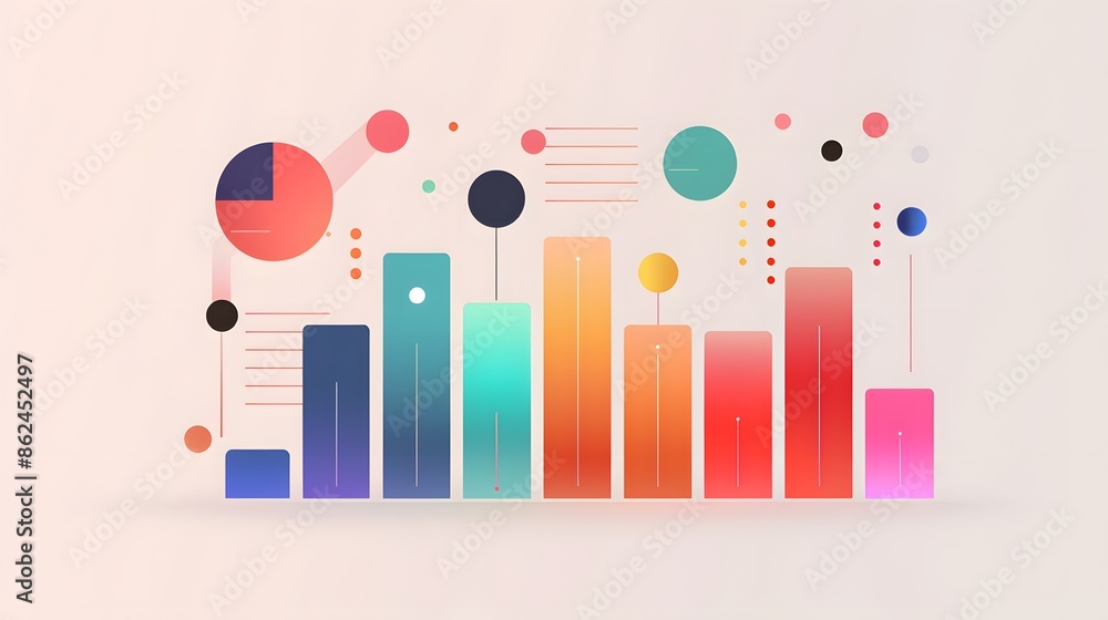 Poster colorful abstract data visualization with bar chart and circular elements on light background for fi