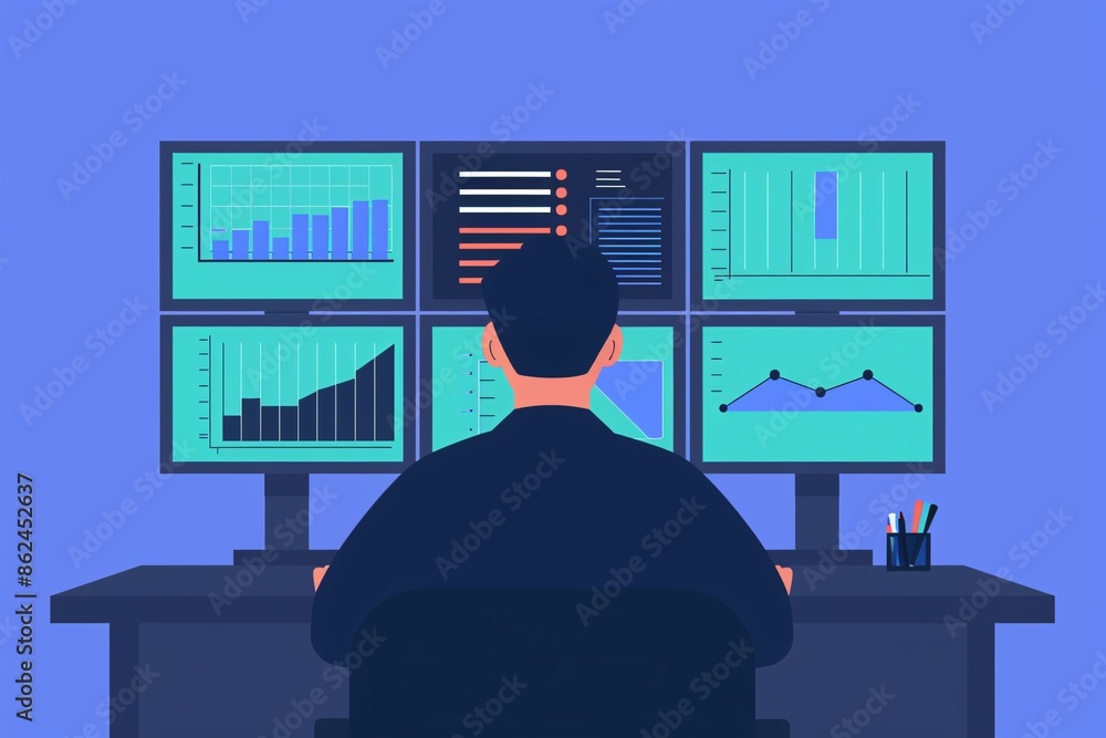Poster illustration of a person analyzing financial data on multiple computer screens displaying various ch