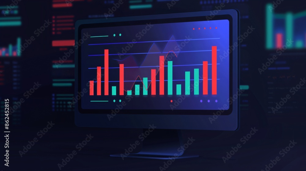 Poster monitor displaying dynamic financial graphs and data analysis charts for business performance review