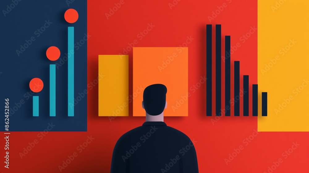 Poster person analyzing data graphs and charts; vibrant abstract background with rising and falling bars an