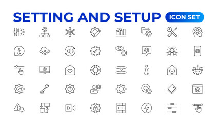 Setting and setup Solid icon collection. app and website settings icon set. options, configuration, preferences, adjustments, tools, gear, control panel, management,  and productivity icons.