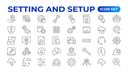 Setting and setup Solid icon collection. app and website settings icon set. options, configuration, preferences, adjustments, tools, gear, control panel, management,  and productivity icons.