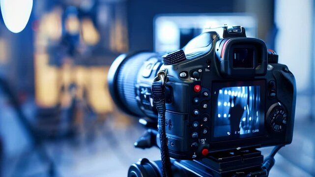 A DSLR camera in front of a blurred photo studio