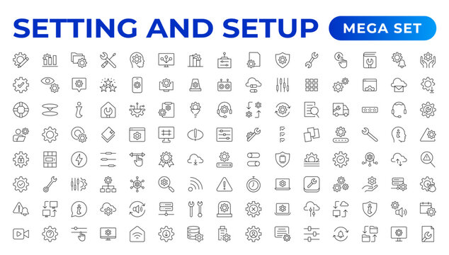 Setting and setup Solid icon collection. app and website settings icon set. options, configuration, preferences, adjustments, tools, gear, control panel, management,  and productivity icons.