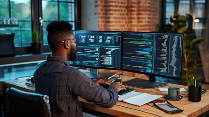 A focused software developer codes on a dual monitor setup in a modern office environment with a minimalist aesthetic. AIG41