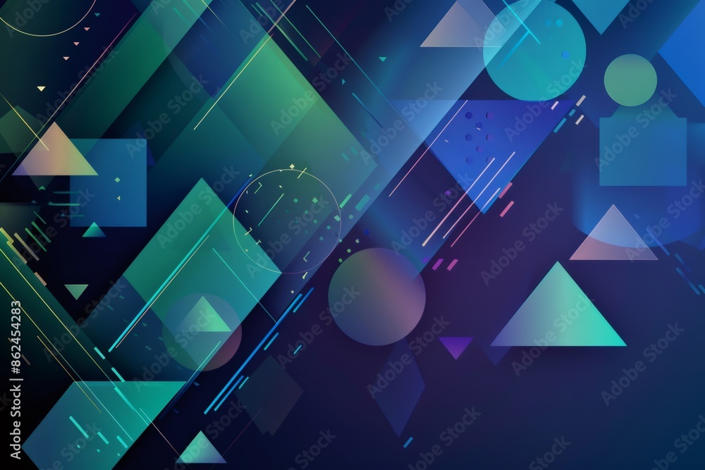 Poster geometric abstract background featuring a vibrant blend of triangles circles and hexagons.