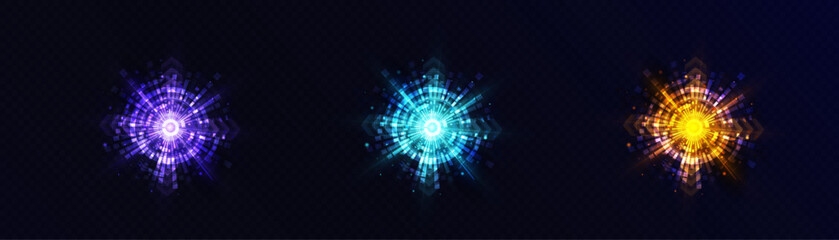 Bright set of abstract light effects PNG. Bright futuristic flashes of blue yellow violet glow with glare effects and explosions of glow. Vector graphics for web design
