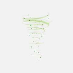 Green air swirl effect with flying leaves on white background PNG, vector realistic illustration for pharmaceutical industry advertising design.