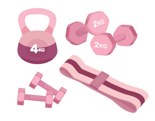 A set of cute vector illustrations featuring essential fitness equipment: dumbbells, kettlebells, yoga mats, and hip bands - all in a motivational pink color - to empower physical and healthy.