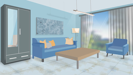 illustration of a living room with a sofa, coffee table and big window. Living room interior. Comfortable sofa, TV, window, chair, and house plants. Vector flat cartoon illustration