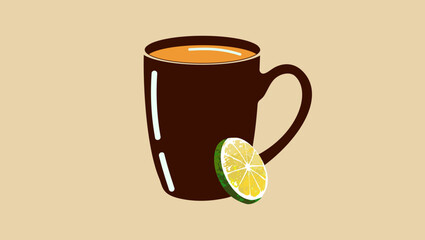 Mug with hot drink and lemon, flat color illustration