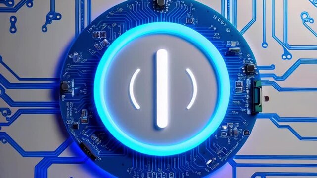 A glowing white power button on a circuit board.