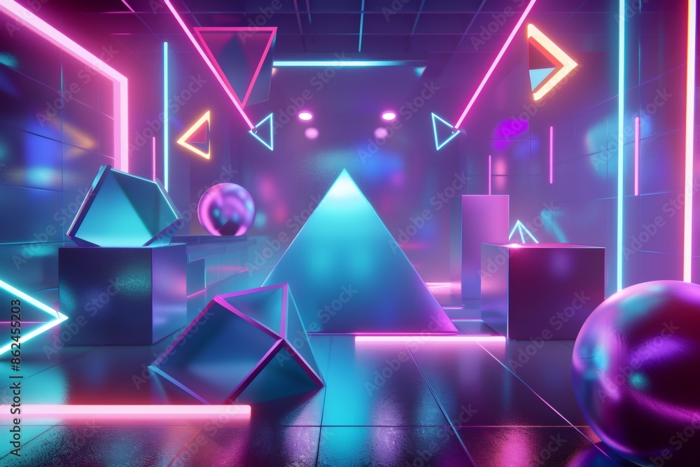 Poster geometric abstract background with a futuristic theme with glowing edges and reflections to enhance 