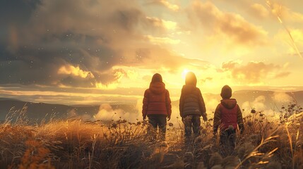 Three Children Standing in a Rural Landscape on a Windy Day

