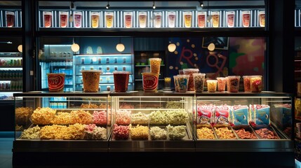 A charming display of popcorn, candy at a movie theater, presenting a colorful and diverse assortment of treats for patrons to enjoy, enhancing their cinematic experience with delicious snack options