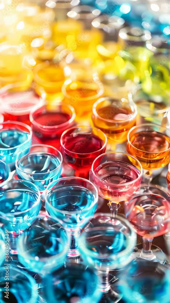Poster a large number of drinking glasses containing different colored liquids