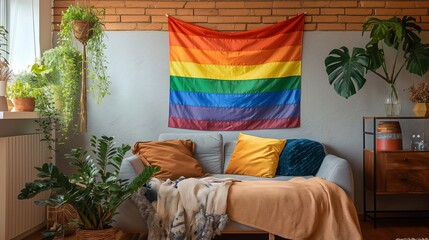 Cosy Sanctuary: Where Love Knows No Boundaries, A Homosexual Couple's Abode Radiates Warmth, with a Rainbow Flag Signifying Acceptance and Diversity