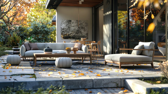 Comfortable outdoor seating furniture arranged on a stylish patio, complementing the contemporary design of the house. A perfect blend of modern aesthetics .