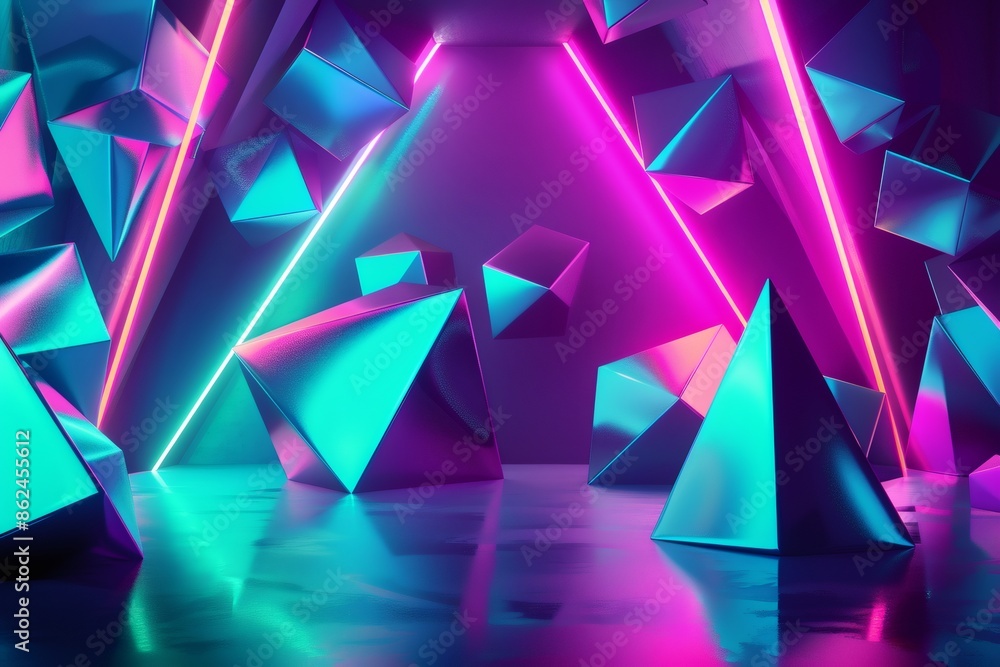 Poster geometric abstract background with a futuristic theme with glowing edges and reflections to enhance 