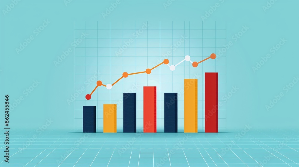 Poster bar graph with data points and trend line displaying growth on a grid background, ideal for business