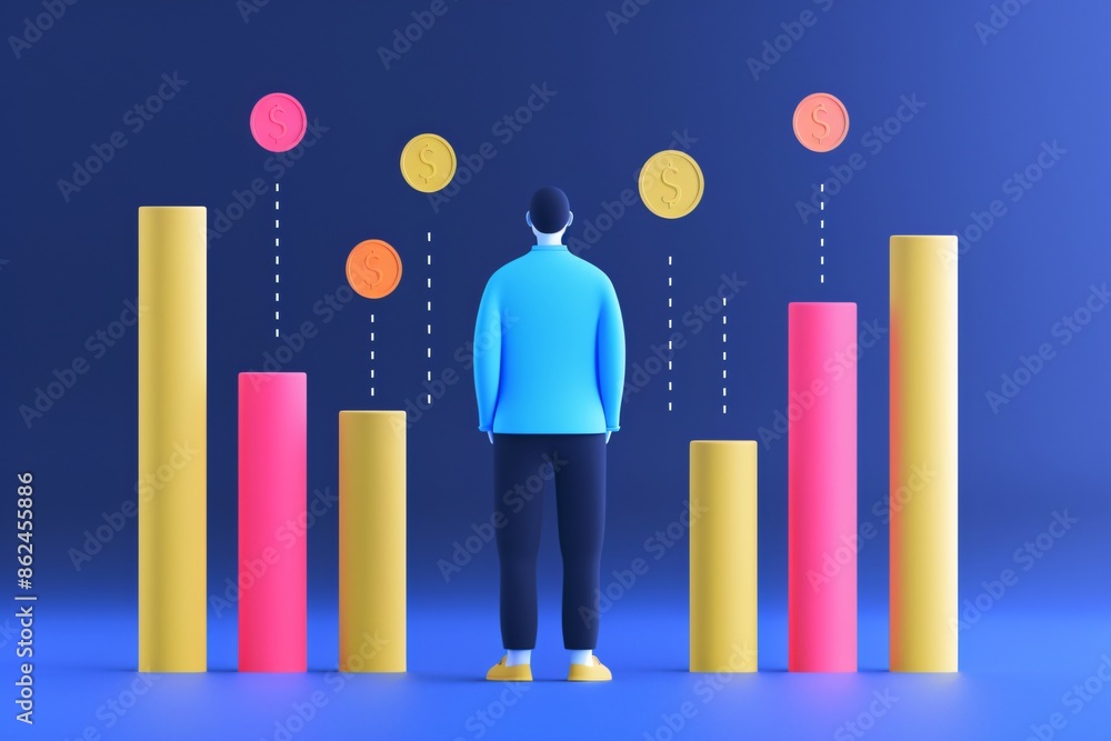 Aufkleber 3d illustration of a person analyzing colorful bar charts and graphs, representing data analysis, bu