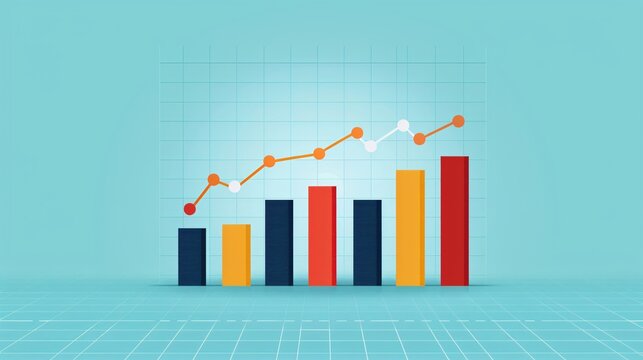 Bar graph with data points and trend line displaying growth on a grid background, ideal for business analytics and data visualization.