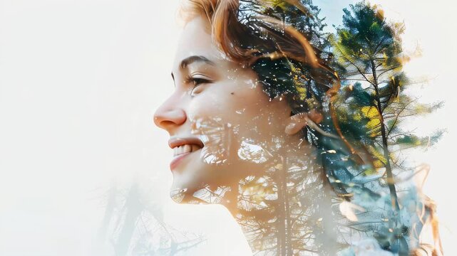 Double exposure of a smiling young woman with forest trees